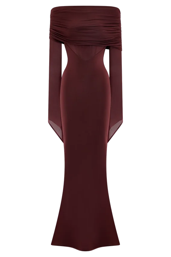 Kaitlin One Shoulder Slinky And Mesh Maxi Dress – Burgundy Kaitlin One Shoulder Slinky And Mesh Maxi Dress – Burgundy