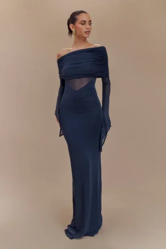 Kaitlin One Shoulder Slinky And Mesh Maxi Dress – Midnight Blue