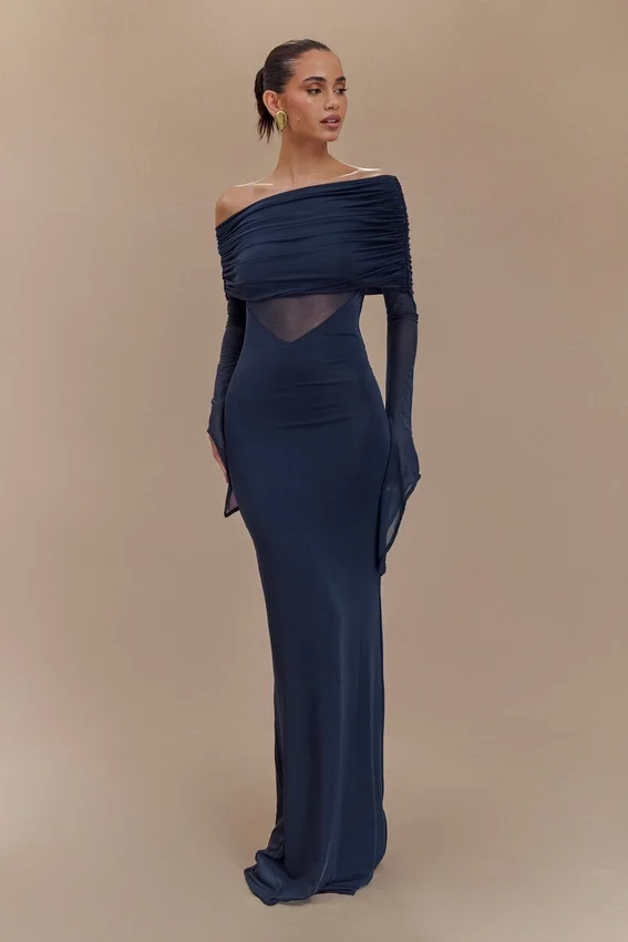 Kaitlin One Shoulder Slinky And Mesh Maxi Dress – Midnight Blue Kaitlin One Shoulder Slinky And Mesh Maxi Dress – Midnight Blue