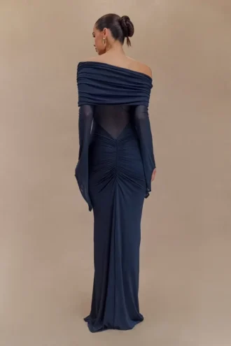 Kaitlin One Shoulder Slinky And Mesh Maxi Dress – Midnight Blue