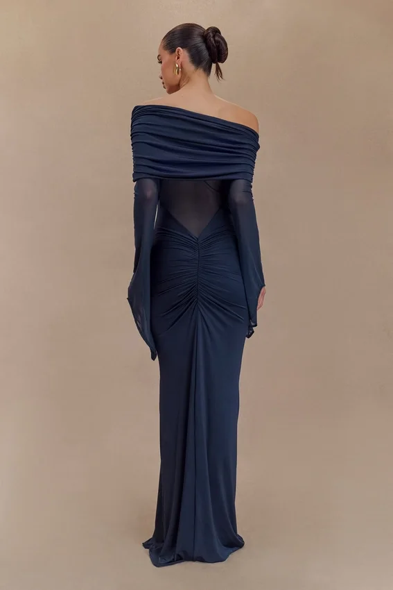 Kaitlin One Shoulder Slinky And Mesh Maxi Dress – Midnight Blue Kaitlin One Shoulder Slinky And Mesh Maxi Dress – Midnight Blue
