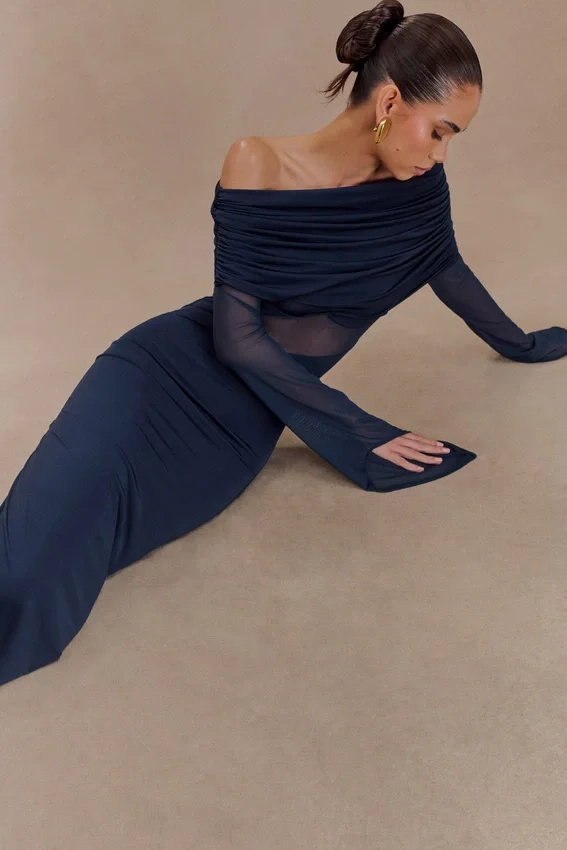 Kaitlin One Shoulder Slinky And Mesh Maxi Dress – Midnight Blue Kaitlin One Shoulder Slinky And Mesh Maxi Dress – Midnight Blue