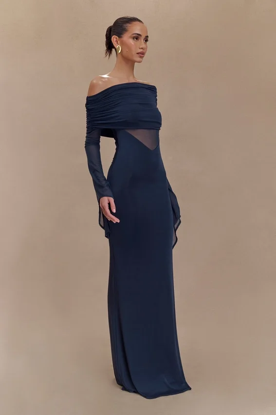 Kaitlin One Shoulder Slinky And Mesh Maxi Dress – Midnight Blue Kaitlin One Shoulder Slinky And Mesh Maxi Dress – Midnight Blue