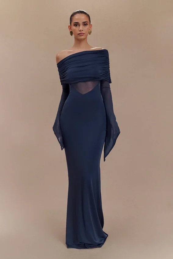 Kaitlin One Shoulder Slinky And Mesh Maxi Dress – Midnight Blue Kaitlin One Shoulder Slinky And Mesh Maxi Dress – Midnight Blue