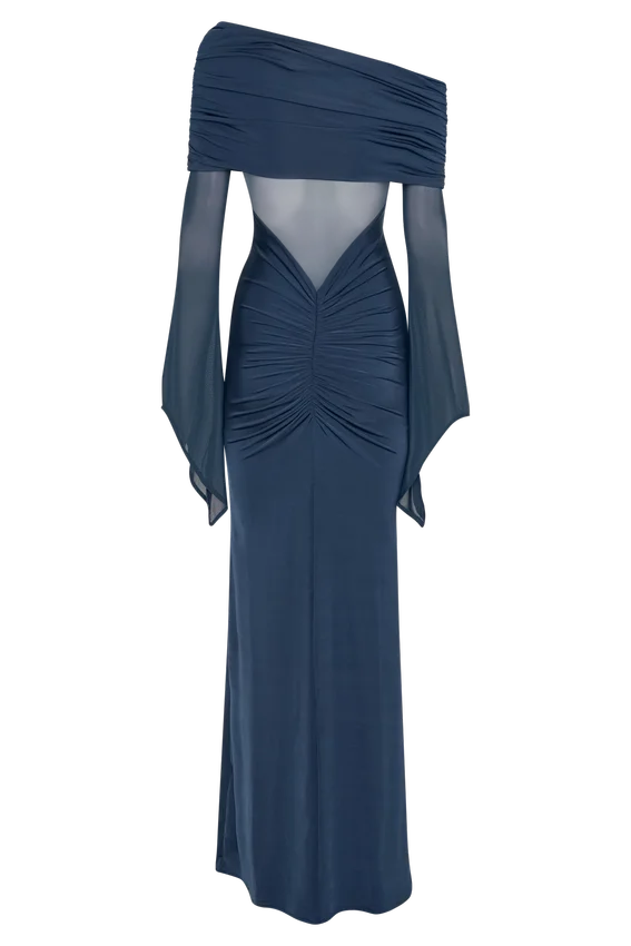 Kaitlin One Shoulder Slinky And Mesh Maxi Dress – Midnight Blue Kaitlin One Shoulder Slinky And Mesh Maxi Dress – Midnight Blue