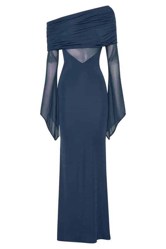 Kaitlin One Shoulder Slinky And Mesh Maxi Dress – Midnight Blue Kaitlin One Shoulder Slinky And Mesh Maxi Dress – Midnight Blue