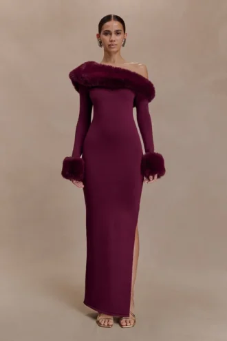 Karleigh Faux Fur Knit Maxi Dress – Plum