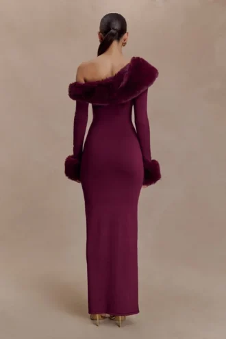 Karleigh Faux Fur Knit Maxi Dress – Plum