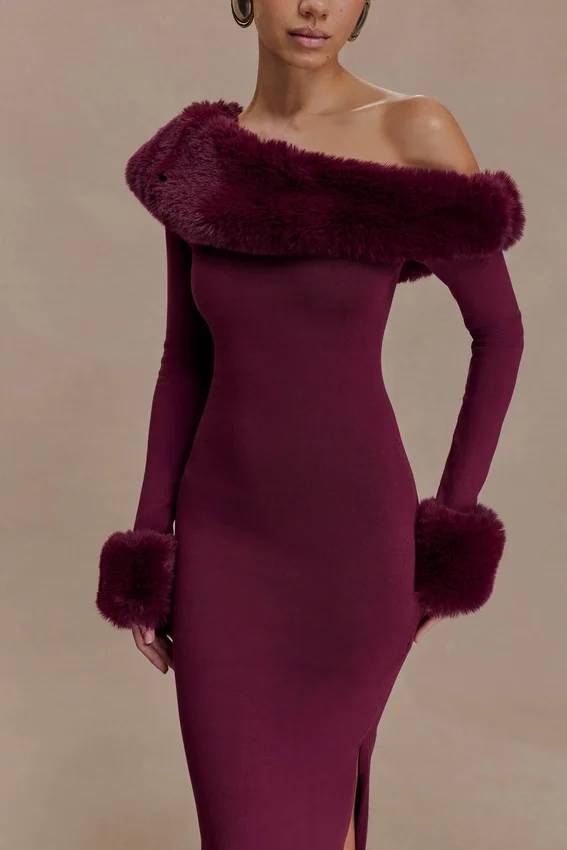 Karleigh Faux Fur Knit Maxi Dress – Plum Karleigh Faux Fur Knit Maxi Dress – Plum