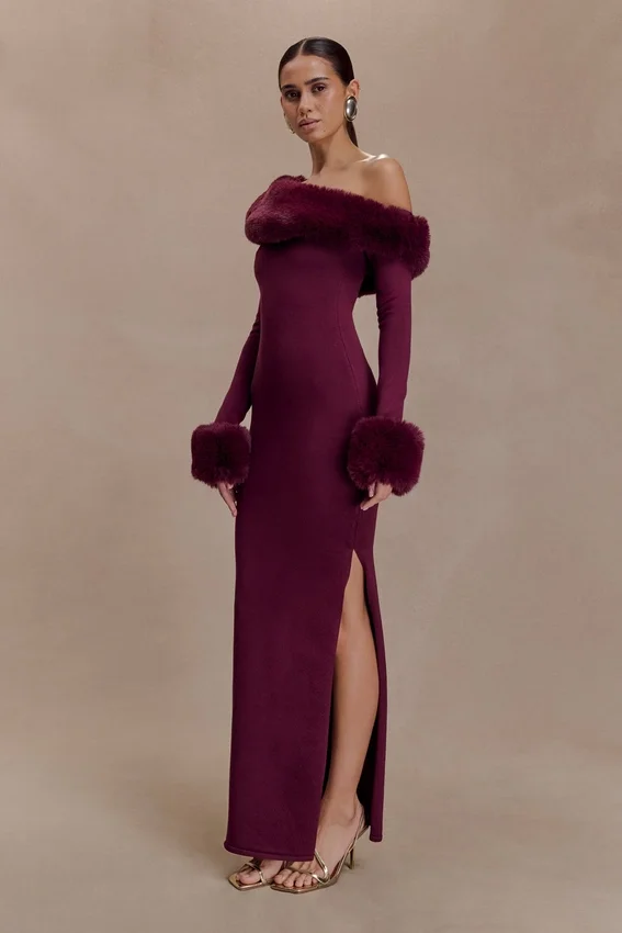 Karleigh Faux Fur Knit Maxi Dress – Plum Karleigh Faux Fur Knit Maxi Dress – Plum
