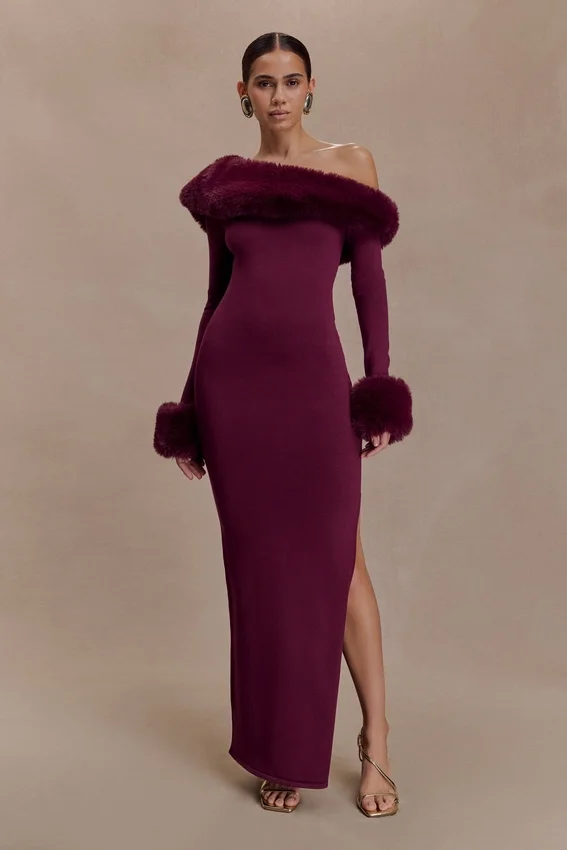 Karleigh Faux Fur Knit Maxi Dress – Plum Karleigh Faux Fur Knit Maxi Dress – Plum