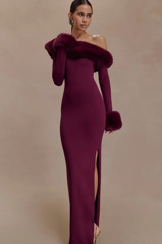 Karleigh Faux Fur Knit Maxi Dress – Plum Karleigh Faux Fur Knit Maxi Dress – Plum