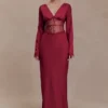 Kaya Long Sleeve Satin And Mesh Maxi Dress – Wine