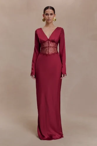 Kaya Long Sleeve Satin And Mesh Maxi Dress – Wine