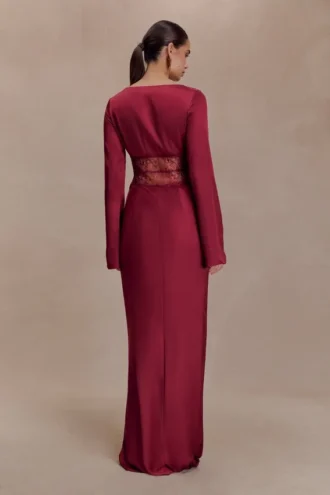 Kaya Long Sleeve Satin And Mesh Maxi Dress – Wine