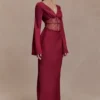 Kaya Long Sleeve Satin And Mesh Maxi Dress – Wine