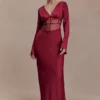 Kaya Long Sleeve Satin And Mesh Maxi Dress – Wine