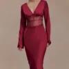 Kaya Long Sleeve Satin And Mesh Maxi Dress – Wine