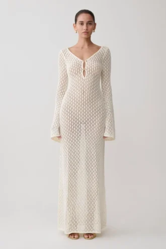 Kayleigh Crochet Fishtail Flare Sleeve Maxi Dress – White