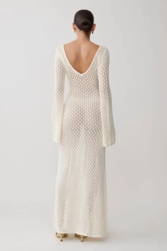 Kayleigh Crochet Fishtail Flare Sleeve Maxi Dress – White
