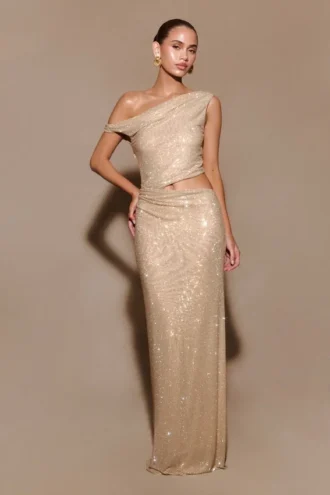 Kenny Diamante One Shoulder Maxi Dress – Gold