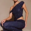 Kenny Diamante One Shoulder Maxi Dress – Navy