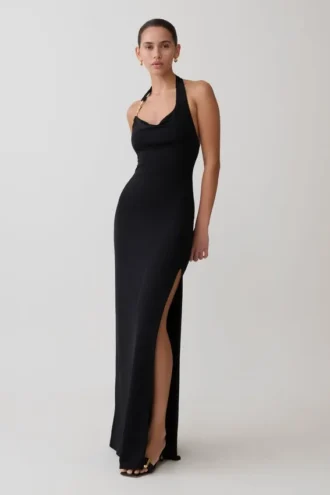 Khanh Slinky Halter Maxi Dress – Black