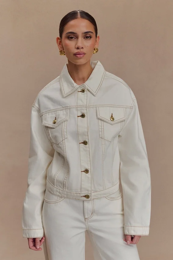 Kirra Cinched Denim Jacket – White Kirra Cinched Denim Jacket – White