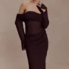Kirsten Off Shoulder Chiffon Maxi Dress – Cacao Brown