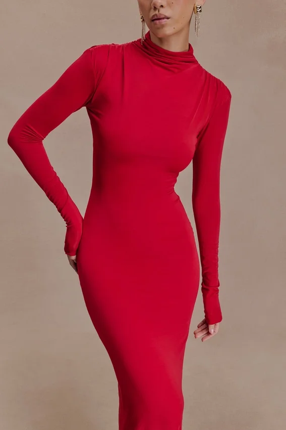 Kiyah Slinky Cut Out Maxi Dress – Red Kiyah Slinky Cut Out Maxi Dress – Red