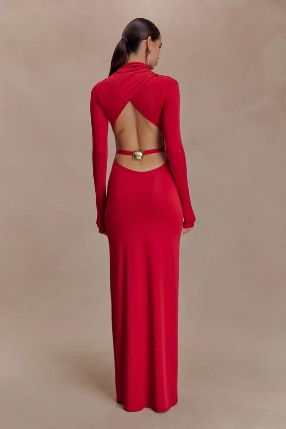 Kiyah Slinky Cut Out Maxi Dress – Red Kiyah Slinky Cut Out Maxi Dress – Red