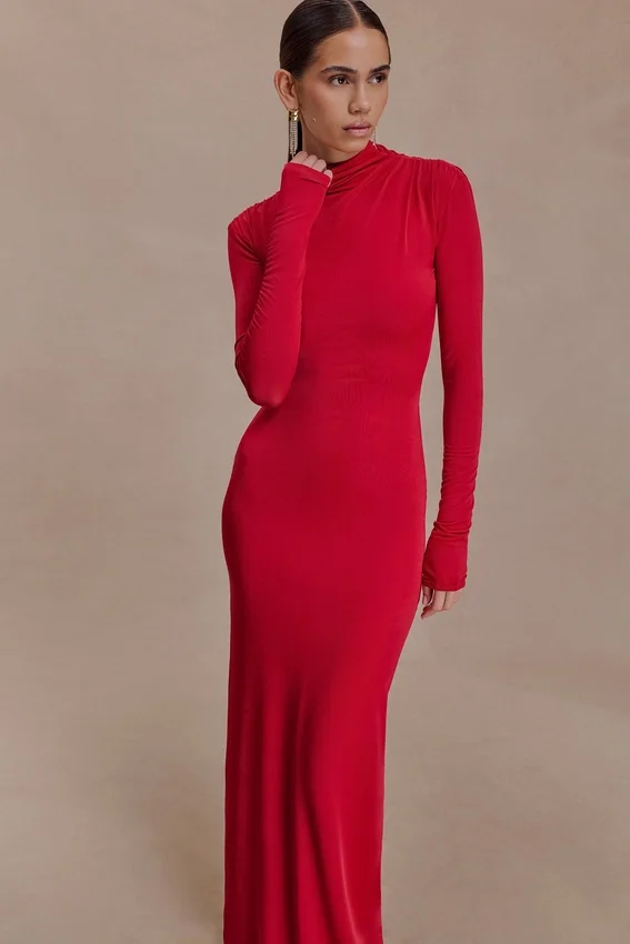 Kiyah Slinky Cut Out Maxi Dress – Red Kiyah Slinky Cut Out Maxi Dress – Red
