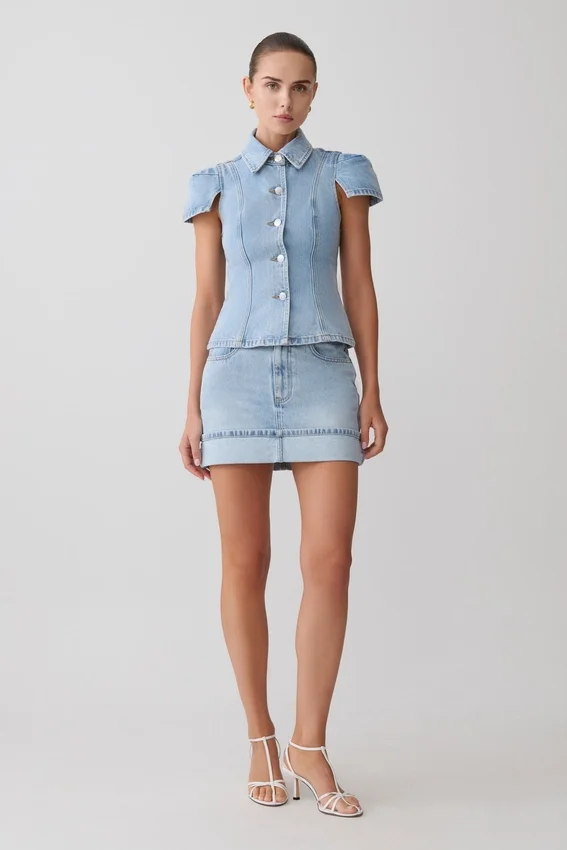 Bently Short Sleeve Denim Top – Washed Light Blue Bently Short Sleeve Denim Top – Washed Light Blue