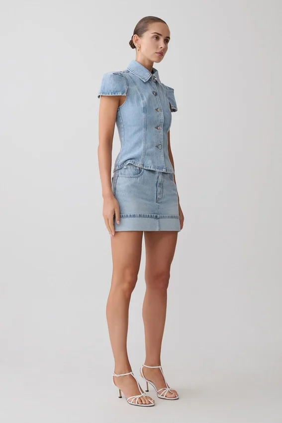 Bently Short Sleeve Denim Top – Washed Light Blue Bently Short Sleeve Denim Top – Washed Light Blue
