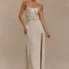 Larissa Satin Maxi Dress With Ruched Petals – Blush Gold