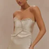 Larissa Satin Maxi Dress With Ruched Petals – Blush Gold