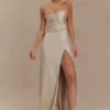 Larissa Satin Maxi Dress With Ruched Petals – Blush Gold
