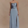 Larissa Satin Maxi Dress With Ruched Petals – Frosted Blue