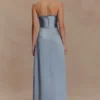Larissa Satin Maxi Dress With Ruched Petals – Frosted Blue