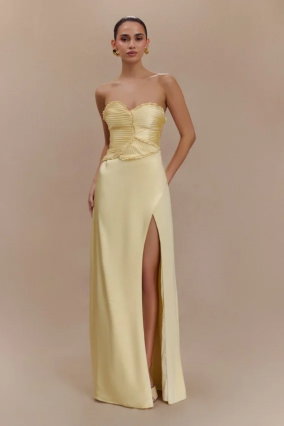 Larissa Satin Maxi Dress With Ruched Petals – Lemon Larissa Satin Maxi Dress With Ruched Petals – Lemon