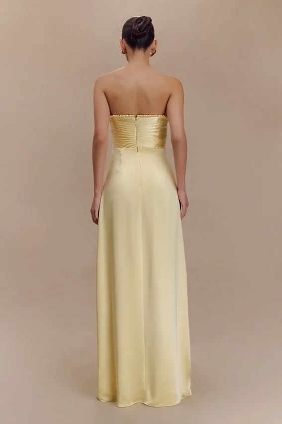 Larissa Satin Maxi Dress With Ruched Petals – Lemon Larissa Satin Maxi Dress With Ruched Petals – Lemon
