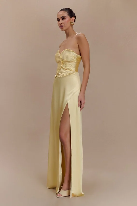 Larissa Satin Maxi Dress With Ruched Petals – Lemon Larissa Satin Maxi Dress With Ruched Petals – Lemon