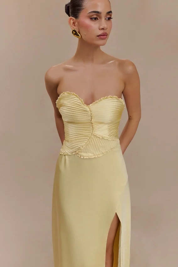 Larissa Satin Maxi Dress With Ruched Petals – Lemon Larissa Satin Maxi Dress With Ruched Petals – Lemon