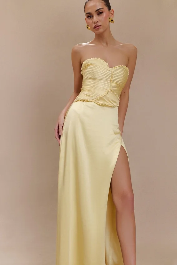 Larissa Satin Maxi Dress With Ruched Petals – Lemon Larissa Satin Maxi Dress With Ruched Petals – Lemon