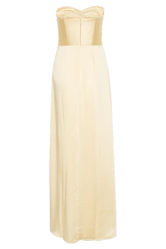 Larissa Satin Maxi Dress With Ruched Petals – Lemon Larissa Satin Maxi Dress With Ruched Petals – Lemon