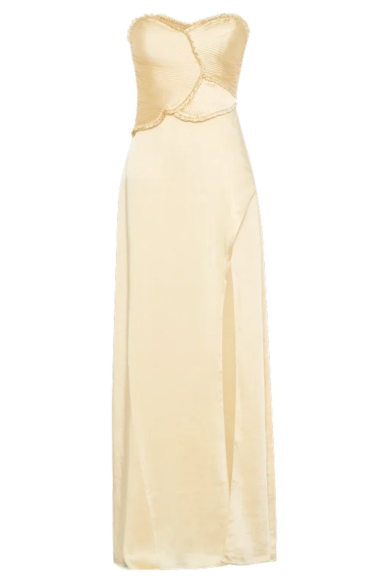 Larissa Satin Maxi Dress With Ruched Petals – Lemon Larissa Satin Maxi Dress With Ruched Petals – Lemon