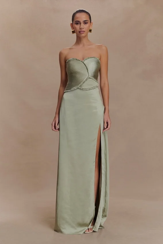 Larissa Satin Maxi Dress With Ruched Petals – Sage Larissa Satin Maxi Dress With Ruched Petals – Sage