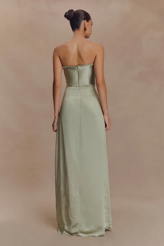 Larissa Satin Maxi Dress With Ruched Petals – Sage Larissa Satin Maxi Dress With Ruched Petals – Sage