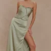 Larissa Satin Maxi Dress With Ruched Petals – Sage Larissa Satin Maxi Dress With Ruched Petals – Sage