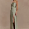 Larissa Satin Maxi Dress With Ruched Petals – Sage Larissa Satin Maxi Dress With Ruched Petals – Sage